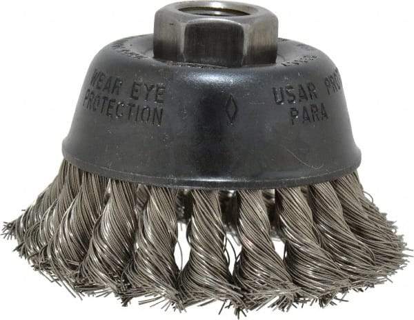 Osborn - 2-3/4" Diam, 5/8-11 Threaded Arbor, Stainless Steel Fill Cup Brush - 0.014 Wire Diam, 14,000 Max RPM - Benchmark Tooling