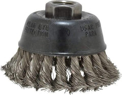 Osborn - 2-3/4" Diam, 5/8-11 Threaded Arbor, Stainless Steel Fill Cup Brush - 0.014 Wire Diam, 14,000 Max RPM - Benchmark Tooling