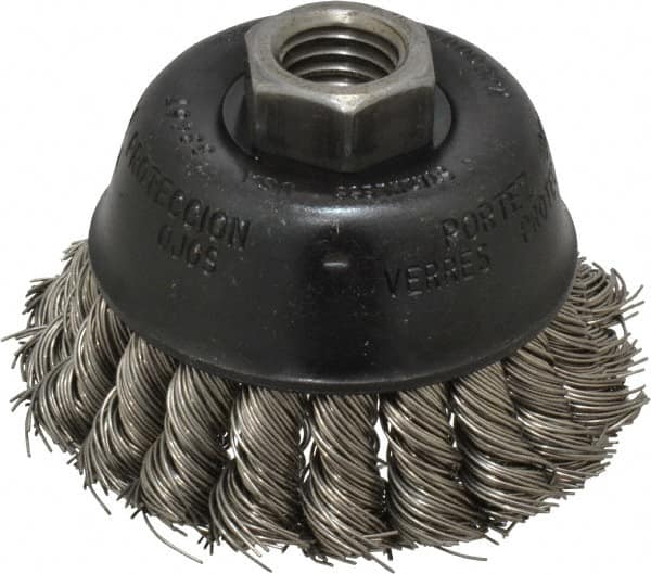 Osborn - 2-3/4" Diam, 5/8-11 Threaded Arbor, Stainless Steel Fill Cup Brush - 0.02 Wire Diam, 14,000 Max RPM - Benchmark Tooling