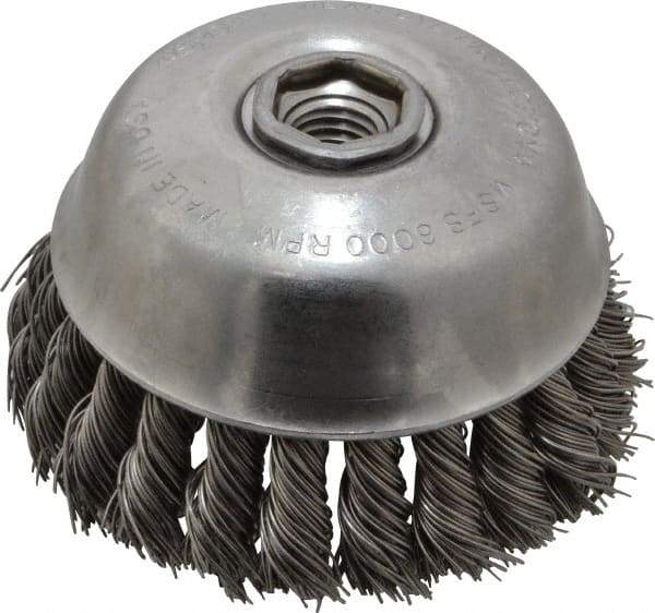 Osborn - 4" Diam, 5/8-11 Threaded Arbor, Steel Fill Cup Brush - 0.025 Wire Diam, 1-1/4" Trim Length, 6,000 Max RPM - Benchmark Tooling