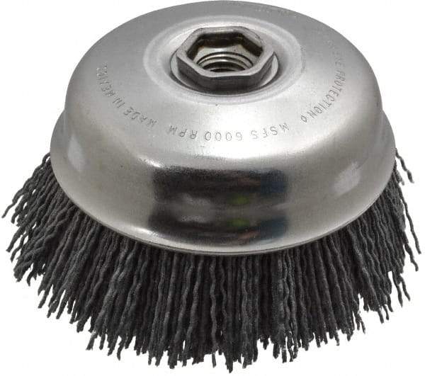 Osborn - 4" Diam, 5/8-11 Threaded Arbor Straight Wire Nylon Cup Brush - Medium Grade, 1-1/2" Trim Length, 6,000 Max RPM - Benchmark Tooling