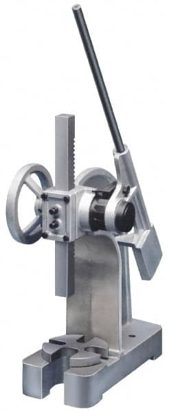 Interstate - 1-7/8" Ram, 5-15/16" Throat Depth, 2 Ton Manual Arbor Press - 8-1/2" Max Work Height x 11-7/8" Max Work Width, Ratchet Leverage, 25:1 Leverage Ratio, 6-1/4" Base Width x 15-3/4" Base Depth - Benchmark Tooling