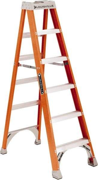 Louisville - 4 Steps, 5' High, Type IA Rating, Fiberglass Step Ladder - 300 Lb Capacity, 21-1/16" Base Width - Benchmark Tooling