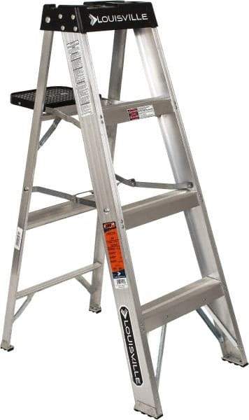 Louisville - 3 Steps, 4' High, Type IA Rating, Aluminum Step Ladder - 300 Lb Capacity, 18-5/8" Base Width - Benchmark Tooling