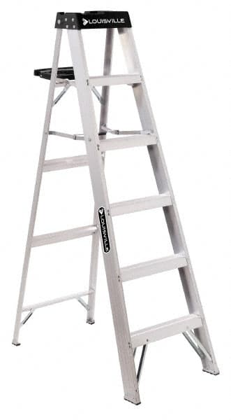 Louisville - 4 Steps, 5' High, Type IA Rating, Aluminum Step Ladder - 300 Lb Capacity, 20-1/8" Base Width - Benchmark Tooling