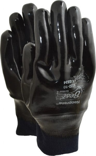 Chemical Resistant Gloves: Large, Neoprene-Coated, Neoprene, Supported Black, 9'' OAL, Smooth, FDA Approved, ANSI Cut A3, ANSI Abrasion 3, ANSI Puncture 1