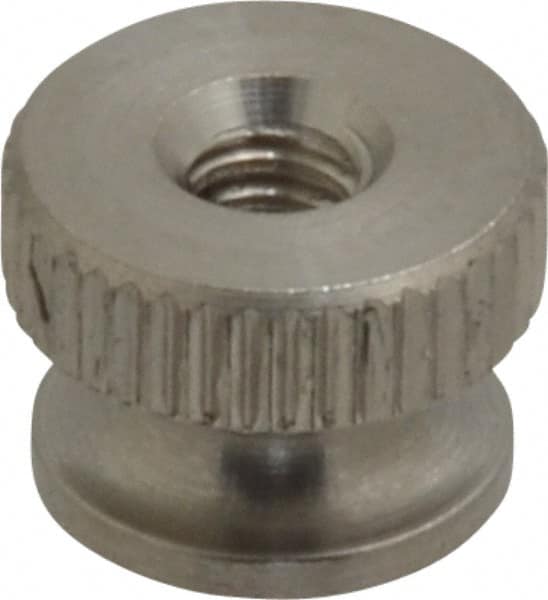 Electro Hardware - #6-32 UNC Thread, Uncoated, Grade 302, 303 Stainless Steel Round Knurled Thumb Nut - 9/32" Overall Height, 3/8" Head Diam - Benchmark Tooling