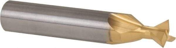 Made in USA - 3/8" Diam x 3/16" Width of Cut, 60° Included Angle, Carbide-Tipped Dovetail Cutter - 3/8" Shank Diam, 2-1/8" Overall Length, 0.0050-0.0100" Corner Radius, Weldon Flat, TiN Coated - Benchmark Tooling