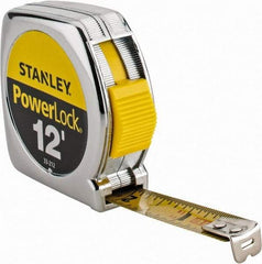 Stanley - 12' x 1/2" Yellow Blade Tape Measure - 1/32 & 1/16" Graduation, Inch Graduation Style, Silver Case - Benchmark Tooling