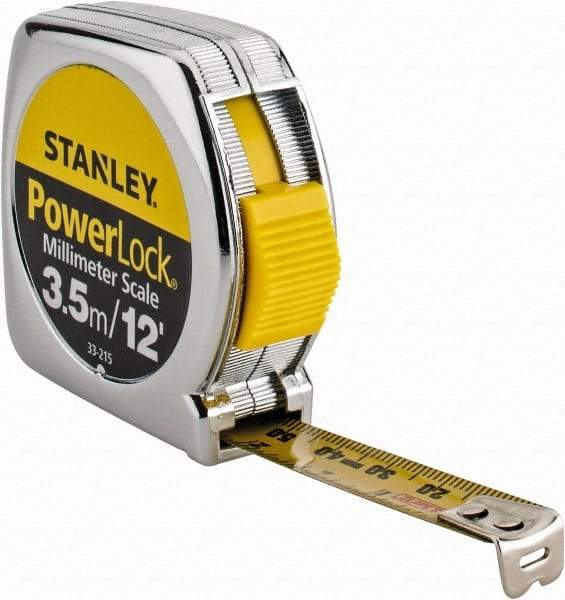 Stanley - 12' x 1/2" Yellow Blade Tape Measure - 1/32 & 1/16" Graduation, Inch/Metric Graduation Style, Silver Case - Benchmark Tooling