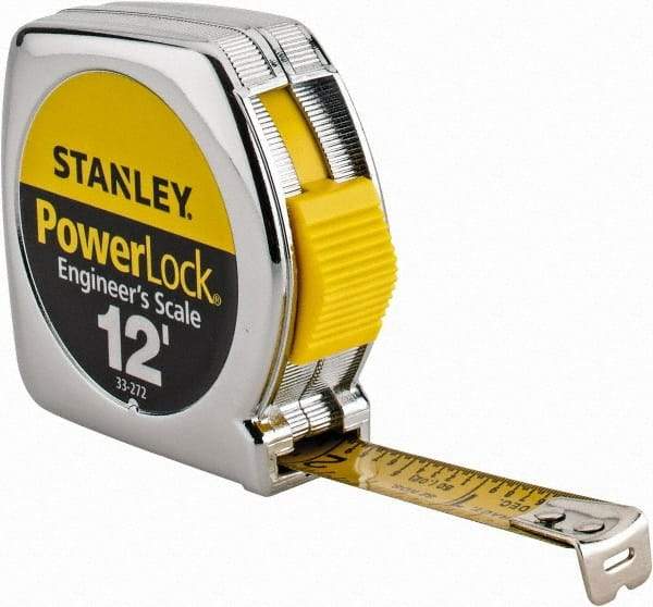 Stanley - 12' x 1/2" Yellow Blade Tape Measure - 1/16 & 1/10" Graduation, Inch Graduation Style, Silver Case - Benchmark Tooling