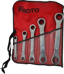 Proto - 5 Piece, 1/4 x 5/8 to 3/4 x 7/8", 12 Point, Ratcheting Box Wrench Set - Inch System of Measurement, Full Polish Finish, Comes in Nylon Roll - Benchmark Tooling