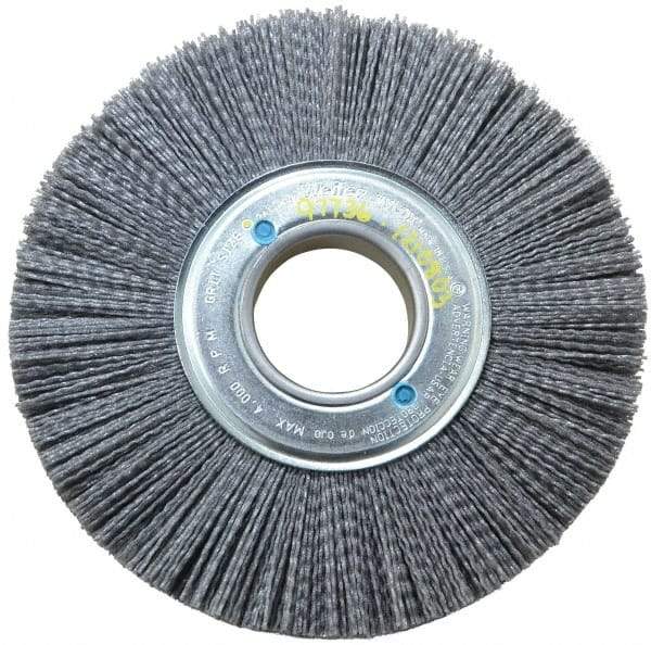 Weiler - 8" OD, 2" Arbor Hole, Crimped Nylon Wheel Brush - 1" Face Width, 2-1/4" Trim Length, 0.04" Filament Diam, 3,600 RPM - Benchmark Tooling