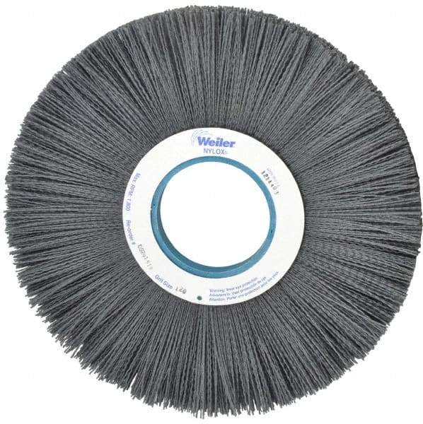 Weiler - 12" OD, 3-1/4" Arbor Hole, Crimped Nylon Wheel Brush - 1" Face Width, 3-5/16" Trim Length, 0.04" Filament Diam, 1,800 RPM - Benchmark Tooling