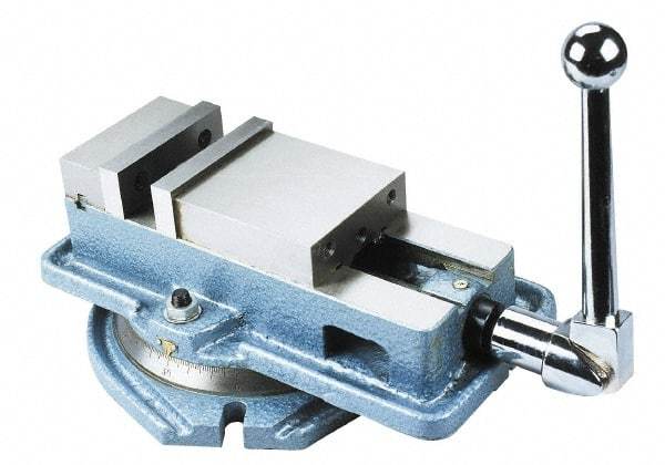 Interstate - 4" Jaw Width, 4" Jaw Opening Capacity, Horizontal Swivel Machine Vise - Manual Operation, 1 Station, 12-3/8" Long x 4.96" High x 1-1/4" Deep, 4-1/8" Jaw Height - Benchmark Tooling