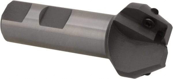 Everede Tool - 30° Lead Angle, 1.303" Max Cut Diam, 3/4" Min Cut Diam, 0.479" Max Depth of Cut, Indexable Chamfer and Angle End Mill - 2 Inserts, APLT 347 Insert Style, 3" Overall Length, Straight Shank, 60° Included Angle - Benchmark Tooling