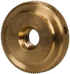 Gibraltar - 1/4-20" UNC Thread, Uncoated, Brass Round Knurled Check Nut - 1/4" Overall Height, 7/8" Diam x 3/16" Head Height, 5/8" Diam x 1/16" Base Height - Benchmark Tooling