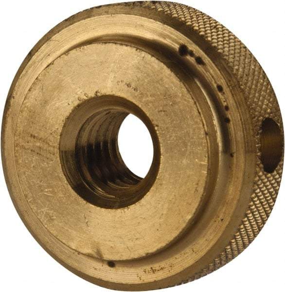 Gibraltar - 5/16-18" UNC Thread, Uncoated, Brass Round Knurled Check Nut - 3/8" Overall Height, 1" Head Diam, 3/4" Diam x 3/32" Base Height - Benchmark Tooling