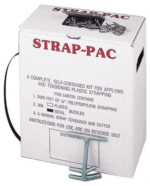 Value Collection - 3,000 Foot Long x 1/2 Inch Wide x 0.015 Inch Thick, Economy Polyproylene Strapping Kit - 260 Lbs Tensile Strength, Contains Self Dispensing Box, Polypropylene Strapping, 300 Metal Buckles and Tensioning Cutting Tool - Benchmark Tooling