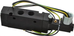 Parker - 3/8" Inlet x 3/8" Outlet, Single Solenoid Actuator, Air Return, 2 Position, Body Ported Solenoid Air Valve - 120 VAC Input, 88 CFM, 2.8 CV, 4 Way, 145 psi, 5-3/4" Long x 1.15" Wide x 3.97" High, 0 to 160°F - Benchmark Tooling