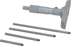 Value Collection - 0 to 4" Range, 4 Rod, Mechanical Depth Micrometer - Ball Thimble, 4" Base Length, 0.001" Graduation, 4.5mm Rod Diam - Benchmark Tooling