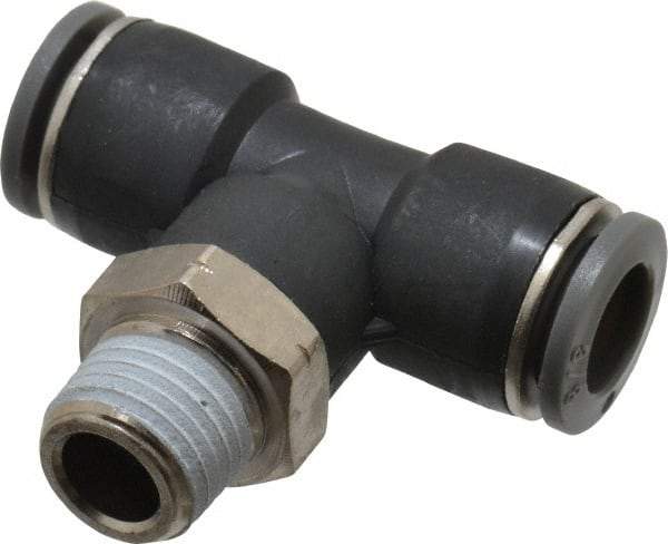 Norgren - 3/8" Tube OD, 1/4 NPTF Brass Push-to-Connect Tube Male Swivel Branch Tee - Tube to Male NPT Connection, 150 Max psi, Nitrile O-Ring, 0 to 175°F Working Temp - Benchmark Tooling