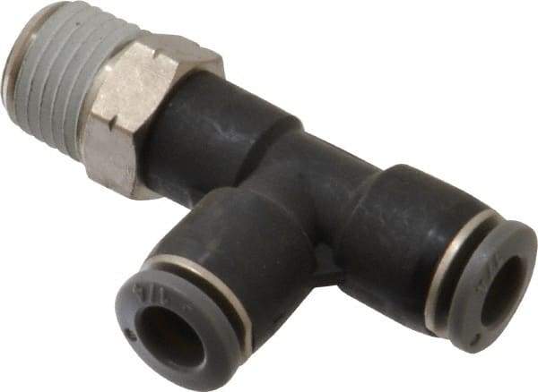 Norgren - 1/4" Tube OD, 1/4 NPTF Brass Push-to-Connect Tube Male Swivel Run Tee - Tube to Male NPT Connection, 150 Max psi, Nitrile O-Ring, 0 to 175°F Working Temp - Benchmark Tooling