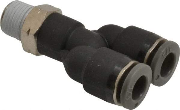 Norgren - 1/4" Tube OD, 1/8 NPTF Brass Push-to-Connect Tube Male Parallel Y - Tube to Male NPT Connection, 150 Max psi, Nitrile O-Ring, 0 to 175°F Working Temp - Benchmark Tooling