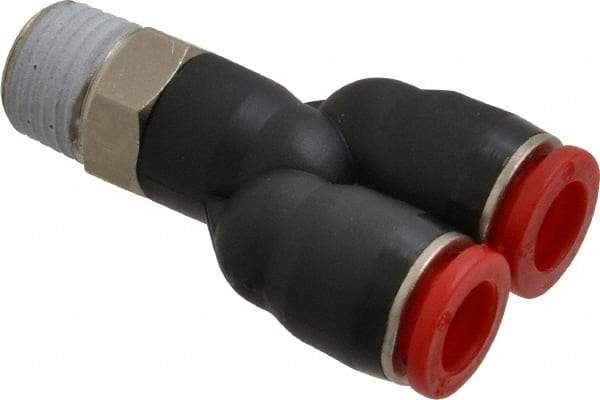 Norgren - 8mm Tube OD, 1/4 BSPT Brass Push-to-Connect Tube Male Parallel Y - Tube to Male BSPT Connection, 150 Max psi, Nitrile O-Ring, 0 to 175°F Working Temp - Benchmark Tooling