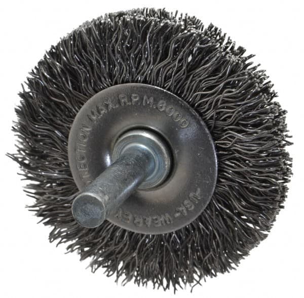 Made in USA - 2" OD, 1/4" Shank Diam, Crimped Steel Wheel Brush - 1/4" Face Width, 0.014" Filament Diam, 6,000 RPM - Benchmark Tooling