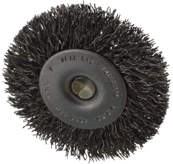 Made in USA - 2-1/2" OD, 1/4" Shank Diam, Crimped Steel Wheel Brush - 1/4" Face Width, 0.014" Filament Diam, 4,500 RPM - Benchmark Tooling