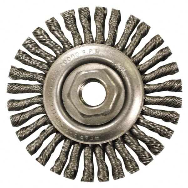 Anderson - 4" OD, M10x1.25 Arbor Hole, Knotted Steel Wheel Brush - 1/4" Face Width, 7/8" Trim Length, 0.02" Filament Diam, 20,000 RPM - Benchmark Tooling