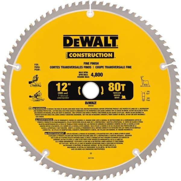 DeWALT - 12" Diam, 1" Arbor Hole Diam, 80 Tooth Wet & Dry Cut Saw Blade - Carbide-Tipped, General Purpose Action, Standard Round Arbor - Benchmark Tooling