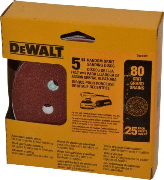 DeWALT - 5" Diam, 80 Grit, Aluminum Oxide Hook & Loop Disc - Medium Grade, Coated, Paper Backing, - Benchmark Tooling