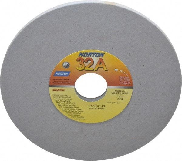 Norton - 7" Diam x 1-1/4" Hole x 1/4" Thick, L Hardness, 120 Grit Surface Grinding Wheel - Aluminum Oxide, Type 1, Fine Grade, 3,600 Max RPM, Vitrified Bond, No Recess - Benchmark Tooling