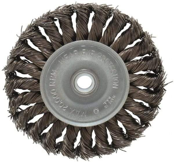 Anderson - 4" OD, 1/2" Arbor Hole, Knotted Steel Wheel Brush - 1/2" Face Width, 1" Trim Length, 0.02" Filament Diam, 20,000 RPM - Benchmark Tooling