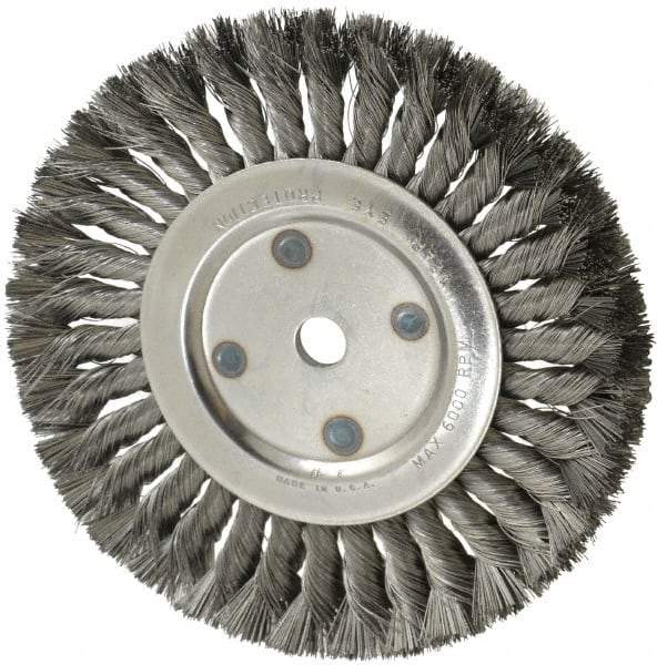 Anderson - 8" OD, 5/8" Arbor Hole, Knotted Steel Wheel Brush - 5/8" Face Width, 1-3/4" Trim Length, 0.014" Filament Diam, 6,000 RPM - Benchmark Tooling