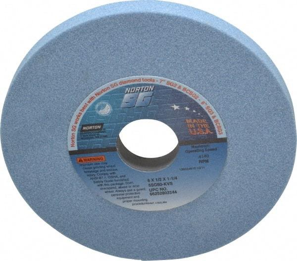 Norton - 6" Diam x 1-1/4" Hole x 1/2" Thick, K Hardness, 60 Grit Surface Grinding Wheel - Ceramic, Type 1, Medium Grade, 4,140 Max RPM, Vitrified Bond, No Recess - Benchmark Tooling