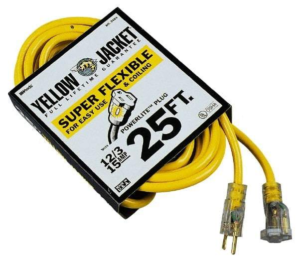 Southwire - 25', 12/3 Gauge/Conductors, Yellow Outdoor Extension Cord - 1 Receptacle, 15 Amps, 125 VAC, UL SJTW-A, NEMA 5-15P, 5-15R - Benchmark Tooling