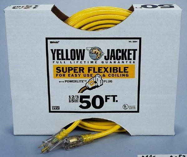 Southwire - 50', 12/3 Gauge/Conductors, Yellow Outdoor Extension Cord - 1 Receptacle, 15 Amps, 125 VAC, UL SJTW-A, NEMA 5-15P, 5-15R - Benchmark Tooling