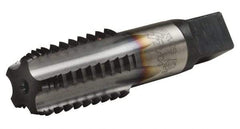 Hertel - 1/2-14 NPT, 5 Flutes, TiCN Coated, High Speed Steel, Interrupted Thread Pipe Tap - 11/16 Inch Shank Diameter, 11/16 Inch Shank Diameter, 1-3/8 Inch Thread Length, 0.51 Inch Square Size, Regular Hook - Benchmark Tooling