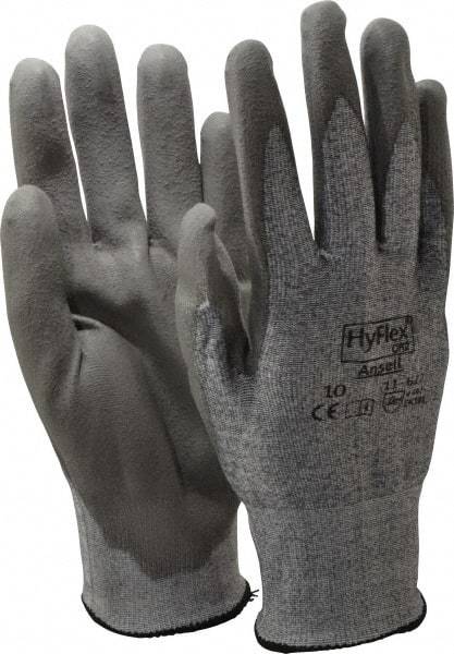 Ansell - Size XL (10), ANSI Cut Lvl 2, Abrasion Lvl 6, Polyurethane Coated Cut Resistant Gloves - 10.5" Long, Palm & Fingers Coated, Dyneema/Lycra Lining, Knit Wrist, Gray/Gray, Paired - Benchmark Tooling