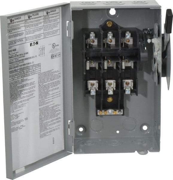 Eaton Cutler-Hammer - 30 Amp, 240 VAC, 3 Pole Fused Safety Switch - NEMA 1, 1 Phase, 1-1/2 to 3 hp at 240 VAC (Single Phase), 3 to 7-1/2 hp at 240 VAC (Triple Phase), 3PST Contact Form - Benchmark Tooling