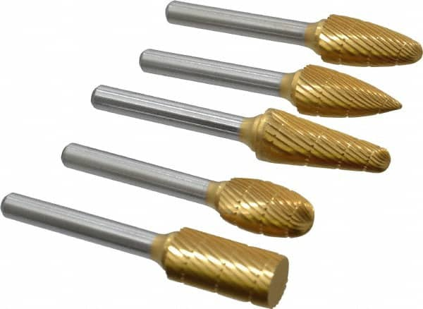 Made in USA - 5 Piece, 1/2" Shank Burr Set - Tungsten Carbide, Multiple Head Shape - Benchmark Tooling