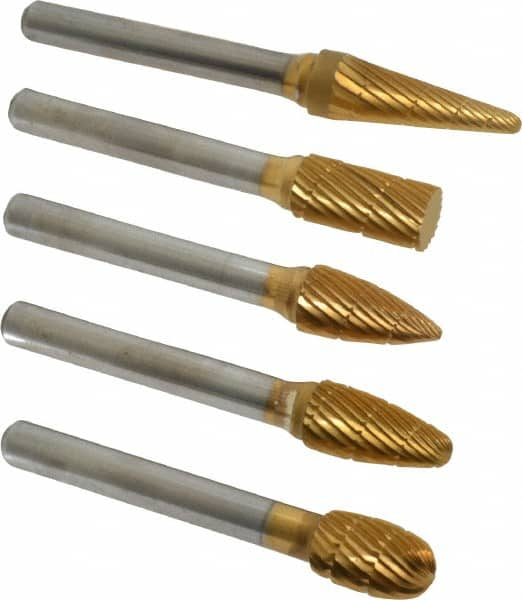 Made in USA - 5 Piece, 3/8" Shank Burr Set - Tungsten Carbide, Multiple Head Shape - Benchmark Tooling