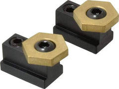 Mitee-Bite - 13/16" Brass Hex, 7/16" T-Slot, 5/16-18 Stud Thread, Symmetrical Hex Clamp - 3/16" Hex Height, 800 Lb Holding Force, 1/2" Long Thread, 8.3 Ft/Lb Torque, 2 Clamps - Benchmark Tooling