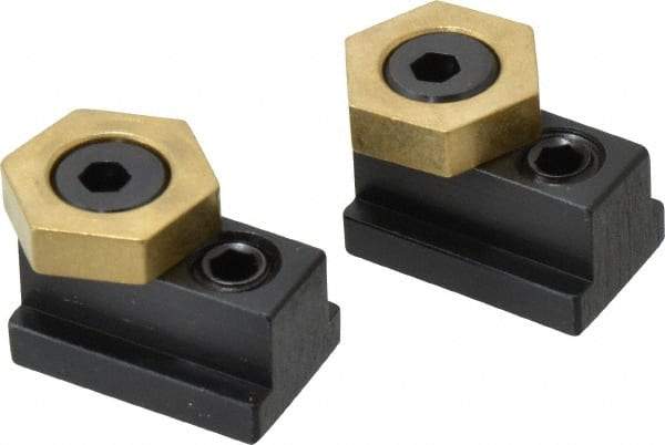 Mitee-Bite - 13/16" Brass Hex, 1/2" T-Slot, 3/8-16 Stud Thread, Symmetrical Hex Clamp - 1/4" Hex Height, 2,000 Lb Holding Force, 3/4" Long Thread, 20.8 Ft/Lb Torque, 2 Clamps - Benchmark Tooling