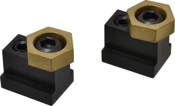 Mitee-Bite - 1" Brass Hex, 11/16" T-Slot, 1/2-13 Stud Thread, Symmetrical Hex Clamp - 3/8" Hex Height, 3,000 Lb Holding Force, 1" Long Thread, 45 Ft/Lb Torque, 2 Clamps - Benchmark Tooling