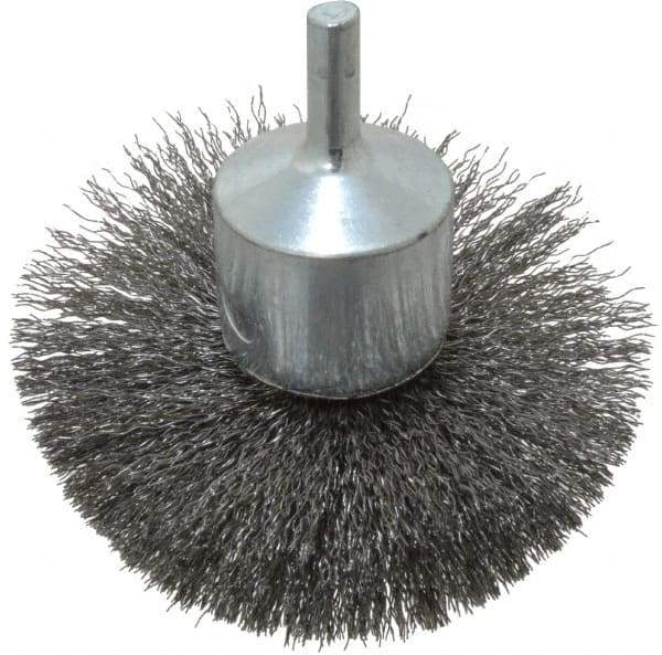 Weiler - 3" Brush Diam, Crimped, Flared End Brush - 1/4" Diam Shank, 16,000 Max RPM - Benchmark Tooling