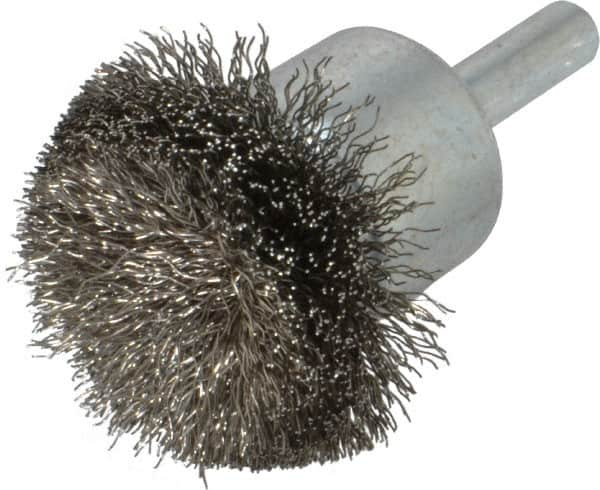 Weiler - 1-1/2" Brush Diam, Crimped, Flared End Brush - 1/4" Diam Shank, 20,000 Max RPM - Benchmark Tooling